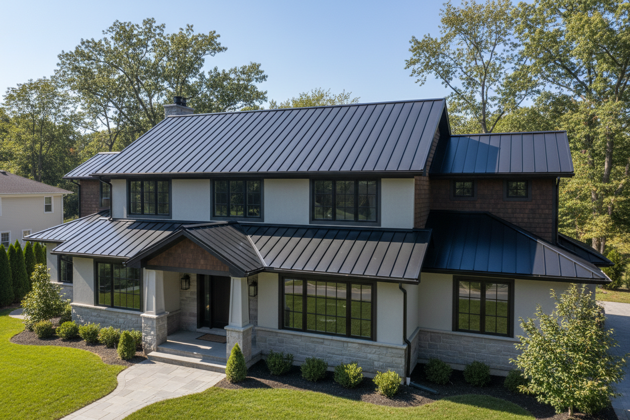Metal roofing installation modern home Long Island