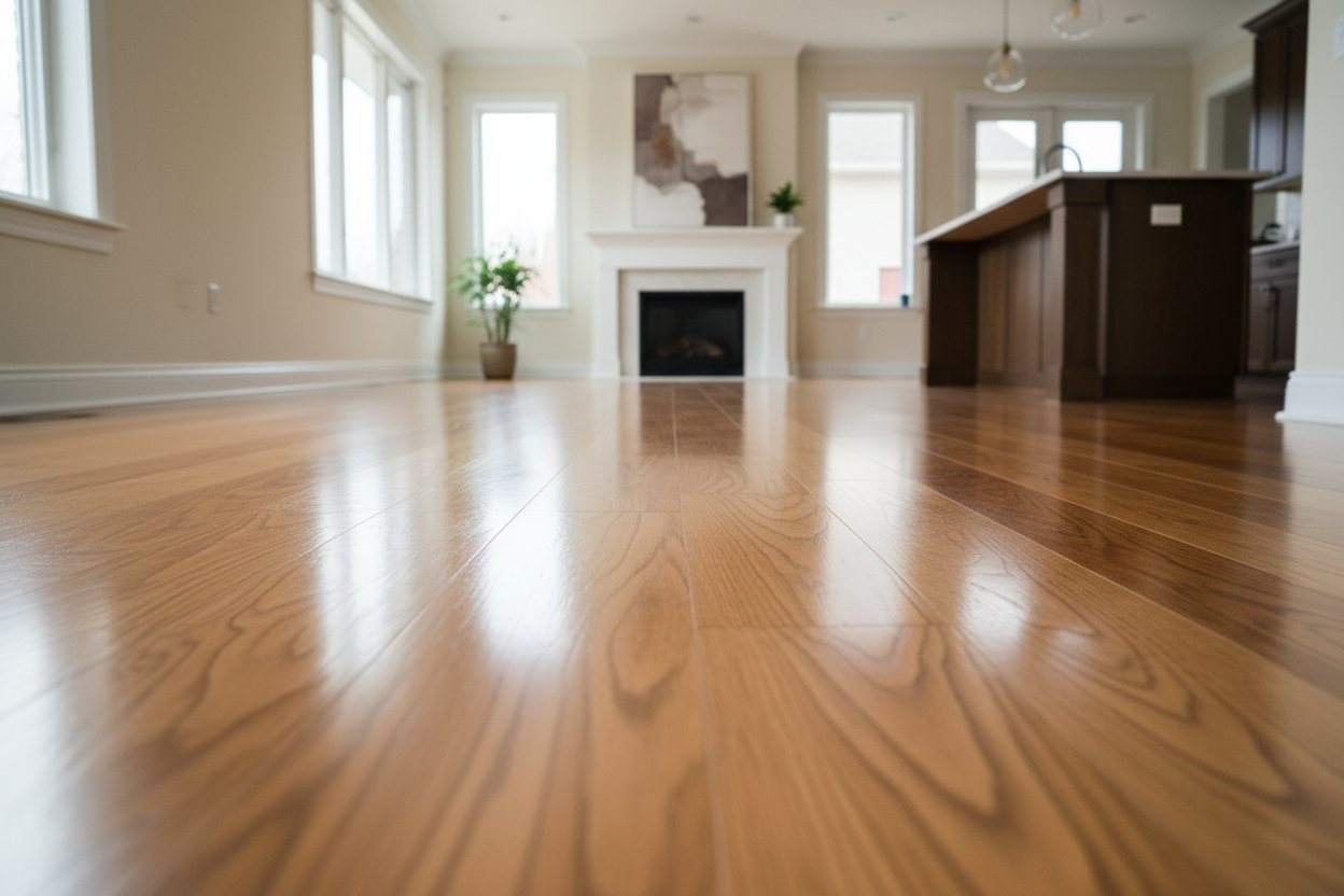 Genera una imagen de un piso recien instalado en el inteior de una casa estadounidense